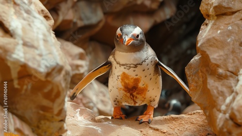 a small penguin standing on top of a rock next to a pile of dirt and a pile of rocks in the background.