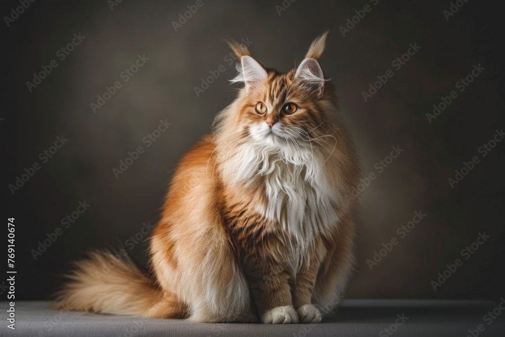 A pedigreed cat poses for a portrait in a studio with a solid color background during a pet photoshoot.
A pedigreed cat poses for a portrait in a studio with a solid color background during a pet photoshoot.