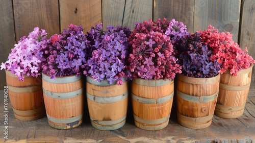 a row of wooden barrels with purple and red flowers in them on a wooden table next to a wooden fence.