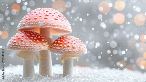 a couple of pink mushrooms sitting on top of a pile of snow covered ground next to a light colored background.