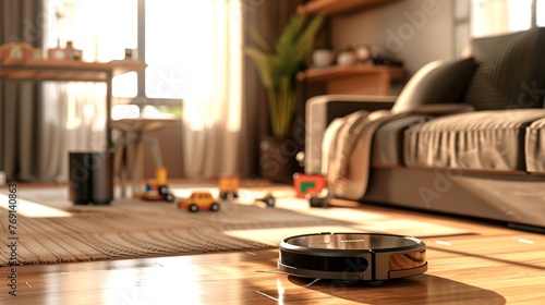 Robotic vacuum cleaner gliding over a hardwood floor in a sunlit living room. Robotic housework assistant. Concept of smart home cleaning, automation, modern appliances, and effortless tidiness. © Jafree