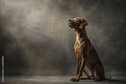A purebred dog poses for a portrait in a studio with a solid color background during a pet photoshoot.

 photo