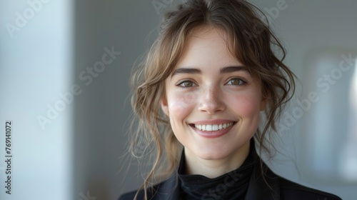 Stylish Young Woman Smiling in Black Outfit Generative AI