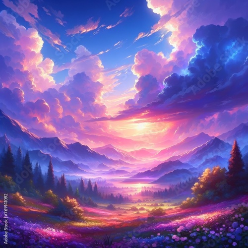 An anime-style oil painting featuring a beautiful landscape with a sunset sky filled with colorful clouds in shades of purple, creating a magical and captivating view perfect for wallpaper.