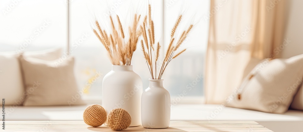 Two flowerpots with houseplants on hardwood flooring in a living room. Each vase contains a plant with twigs and wooden sticks Two flowerpots with houseplants on hardwood flooring in a living room. Each vase contains a plant with twigs and wooden sticks