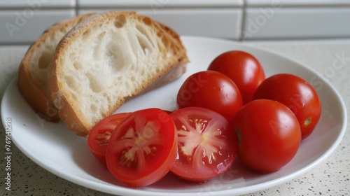 a close up of a plate of food with tomatoes and a piece of bread on the side of the plate.