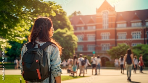 Asian female student on campus, backpack on. Back view of young woman. Concept of academic aspirations, higher education, student diversity, new beginnings, cultural integration. Copy space