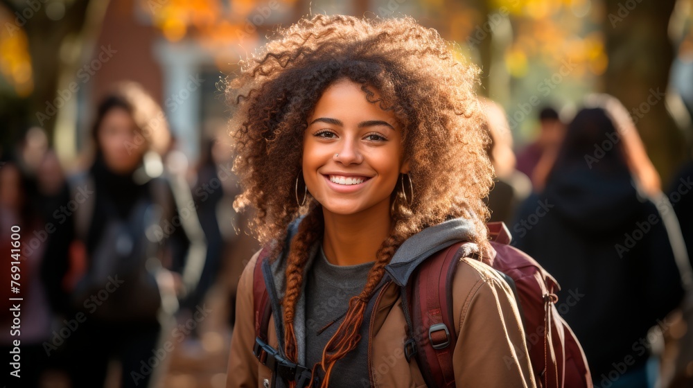 African American female student with a backpack at a university campus. Young woman. Concept of academic aspirations, higher education, student diversity, new beginnings, and cultural integration. African American female student with a backpack at a university campus. Young woman. Concept of academic aspirations, higher education, student diversity, new beginnings, and cultural integration.