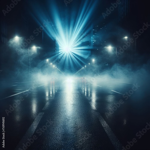 Abstract dark scene: wet asphalt reflects rays in water, with smoke and smog. Empty street illuminated by neon lights and spotlights, featuring concrete floor.