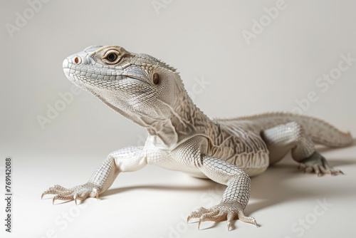 A purebred lizard poses for a portrait in a studio with a solid color background during a pet photoshoot.  