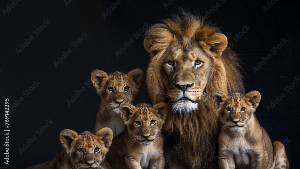 Majestic Creatures: Realistic Lion Family Portrait - obrazy, fototapety, plakaty 