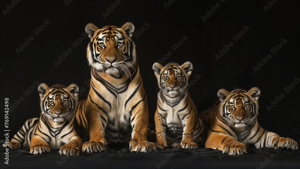 Nature’s Majesty: Hyperrealistic Tigers on Black Canvas - obrazy, fototapety, plakaty 