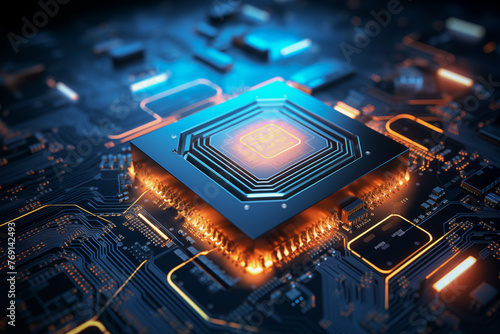 This image showcases a 3D rendering of a central processing unit (CPU) with AI (Artificial Intelligence) inscribed on it, signifying the role of AI technology in computing. The CPU appears to be situa photo