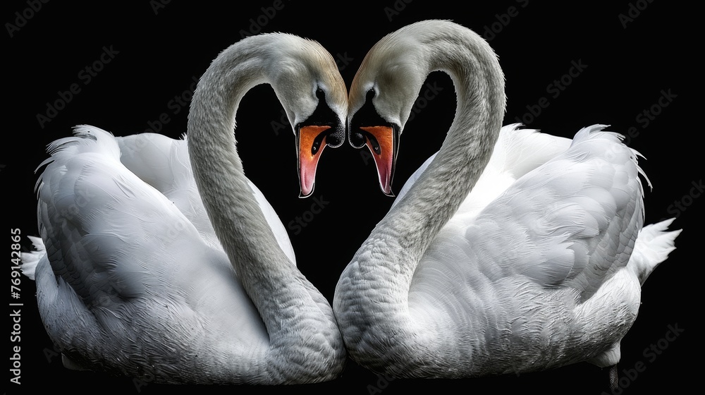 Naklejka premium Two Swans Forming a Heart-Shaped Neck Formation in Isolation Generative AI