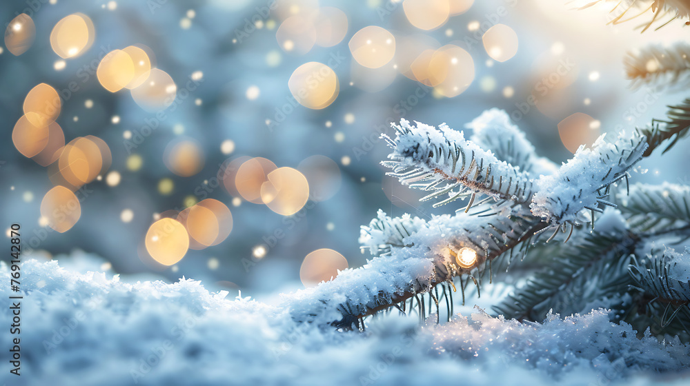 Beautiful winter background image of frosted spruce branches and small drifts of pure snow with bokeh Christmas lights and space for text. Generative Ai Beautiful winter background image of frosted spruce branches and small drifts of pure snow with bokeh Christmas lights and space for text. Generative Ai