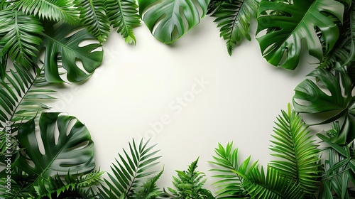 Tropical Green Leaves Frame Decoration on White Background Generative AI