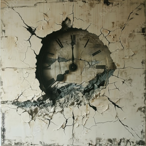 Old wall clock with cracks and peeling paint, grunge background photo