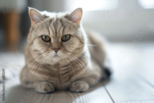 A pedigreed cat poses for a portrait in a studio with a solid color background during a pet photoshoot.