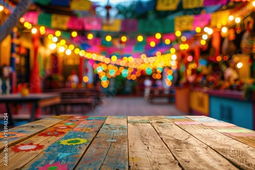 Empty wooden table and blurred colorful bokeh background. For product display. Cinco de Mayo backdrop. © Sergio Lucci
