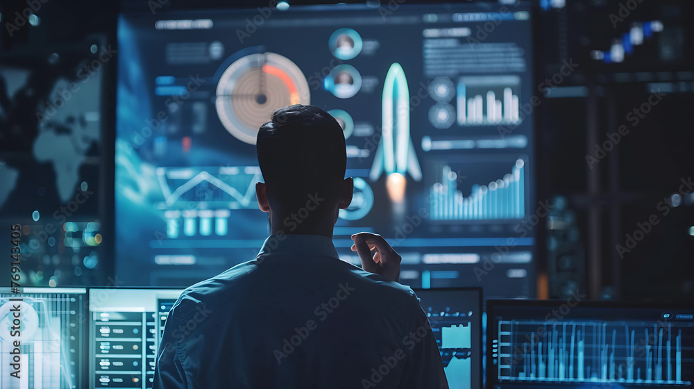 Business man looking at start up presentation with rocket. Generative Ai Business man looking at start up presentation with rocket. Generative Ai