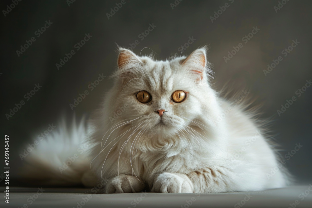 A pedigreed cat poses for a portrait in a studio with a solid color background during a pet photoshoot.
A pedigreed cat poses for a portrait in a studio with a solid color background during a pet photoshoot.