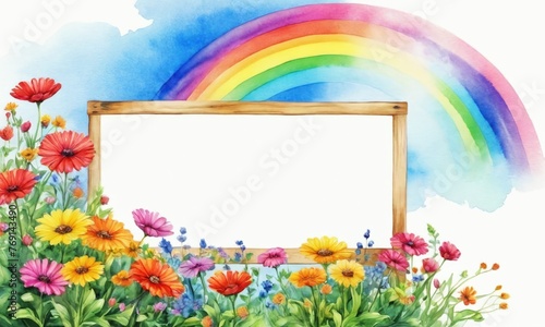 A white board with roses and a rainbow in the background. Colorful template design element. Blank empty mockup. For illustrating articles or blog posts about hope, new beginnings or creativity.
