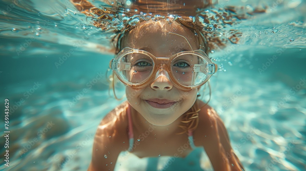 Naklejka premium Happy kid girl swim and dive underwater. Kid in pool under water. Active healthy lifestyle, swimming lessons on summer vacation with child.