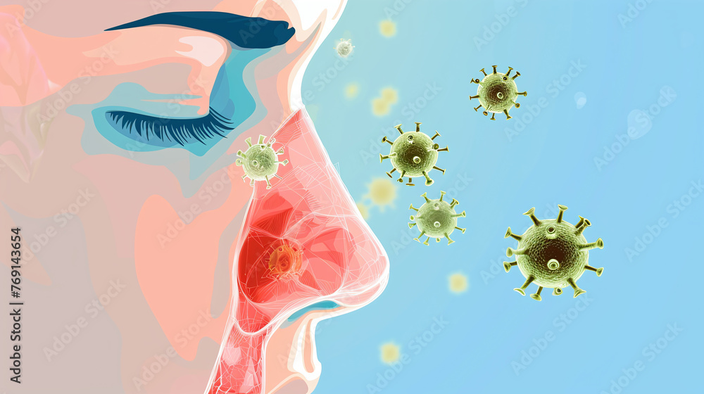 illustration in icons and painting from woman suffers from pollen and grass allergy