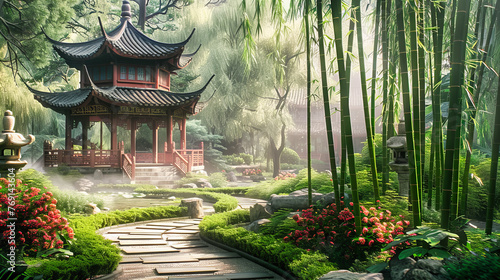 Zen Garden Beauty, Traditional Asian Landscape, Peaceful Blend of Nature and Architecture