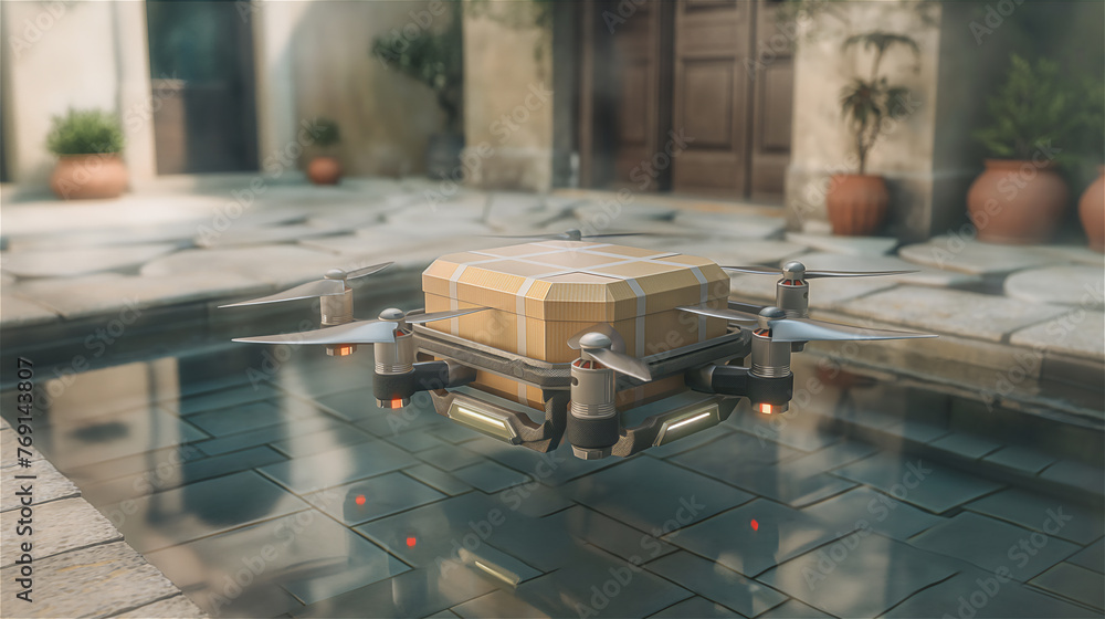 Drone delivering a postal parcel.