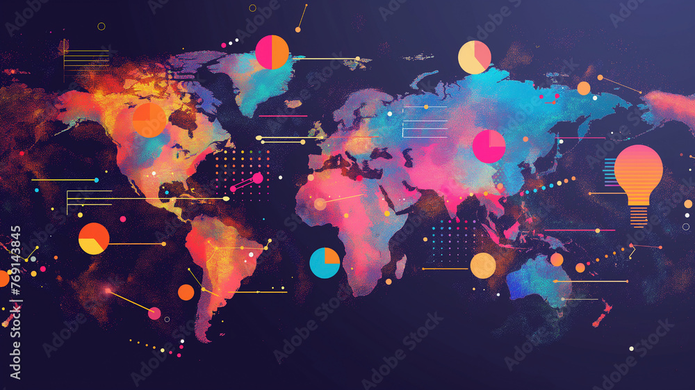 Background of colorful map of world with some graphs.