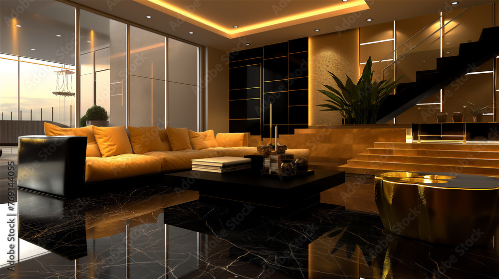 Modern luxury living room in black and gold tone.