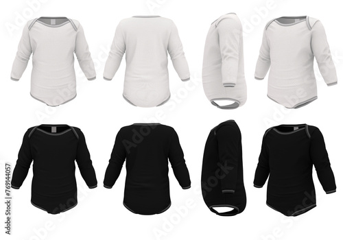 Set of bodysuits for babies in black and white with long sleeves. Mockup from different angles. 3D illustration.