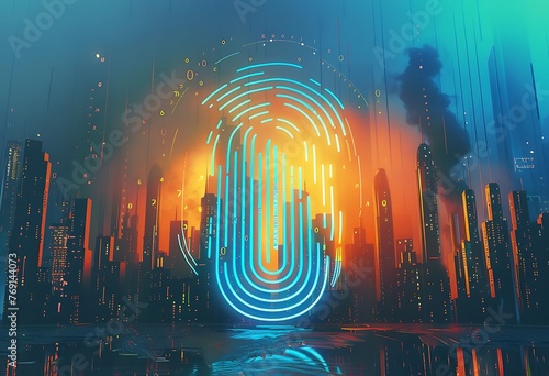 Fingerprint Scanning on digital cyberspace blue numerical technology and business abstract background. Business and technology concepts Illustration. Generative AI