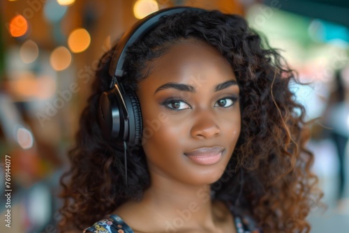 Beautiful black woman with curly hair with headphones, in coffee shop
