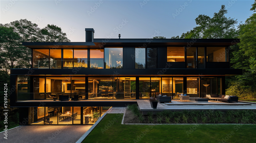 Modernist house with lots of glazing, evening landscape.