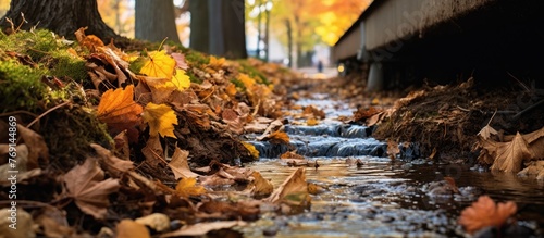 A gentle stream meandering through a lush area covered with fallen leaves and foliage