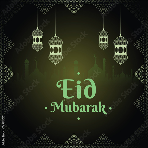 Eid Mubarak vector illustration greeting card with hanging lanterns and floral desgin motif on light green background. Eid Celebration banner background minimal islamic vector. Editable. EPS 10.