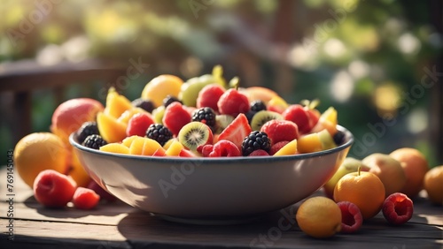 Bowl of fresh sliced fruits, healthy summer vegan food full of vitamins