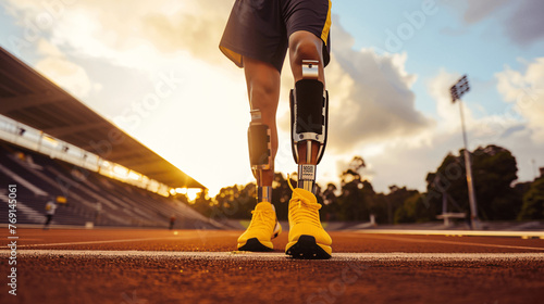 Athlete with prothesis legs standing in a running stadium, Generative AI.