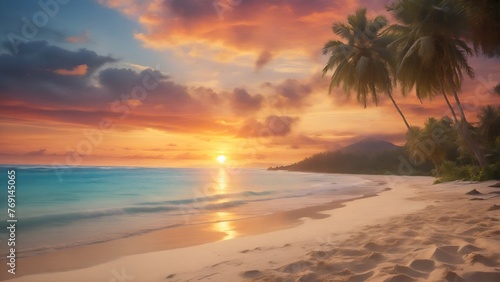 Sunset on empty beach, perfect vacation on tropical island, summer holiday travel landscape photo © KatBaid