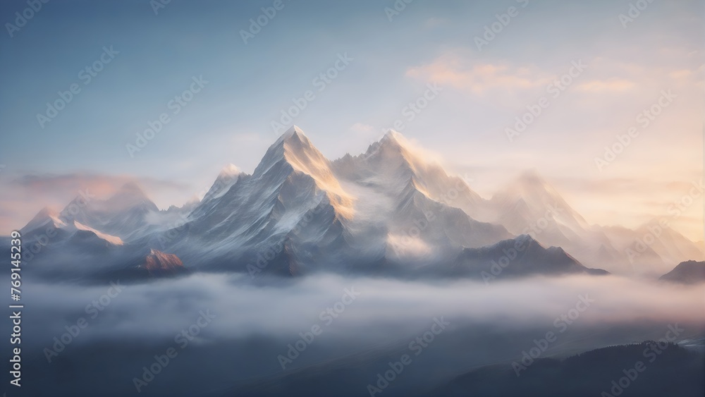 Mountaintop above morning fog, snowy mountain peak at sunrise, scenic landscape photo background Mountaintop above morning fog, snowy mountain peak at sunrise, scenic landscape photo background