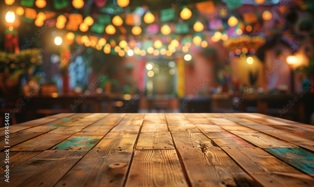 Empty wood table top with blur colorful bokeh light background. Empty wood table top with blur colorful bokeh light background.