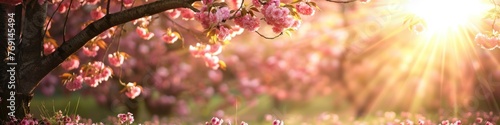 Blossoming sakura tree in spring garden with sun rays. Beautiful cherry blossom in spring, panoramic banner #769145494