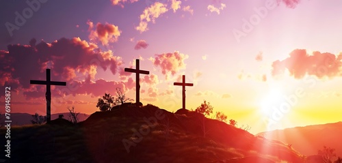 Three crosses on sacred Jerusalem mountain at sunset, easter concept for resurrection of Jesus Christ. Sacred symbolic crucifix during sunrise, holy sacrifice on meadow. 3d render - Generative AI