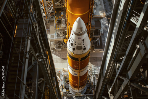 A launch tower stands tall as a spacecraft carrying humans lifts off with a rocket.

