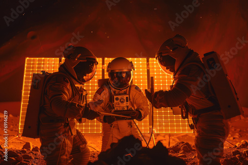 Astronauts gather around a campfire on Mars, roasting marshmallows at dusk during a camping trip.

