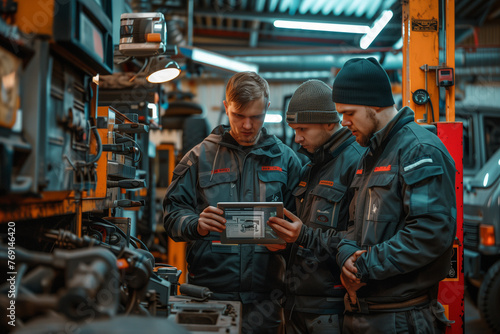 Three Men Analyzing Tablet in Factory