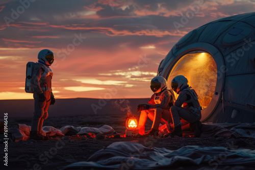 Astronauts gather around a campfire on Mars, roasting marshmallows at dusk during a camping trip.

