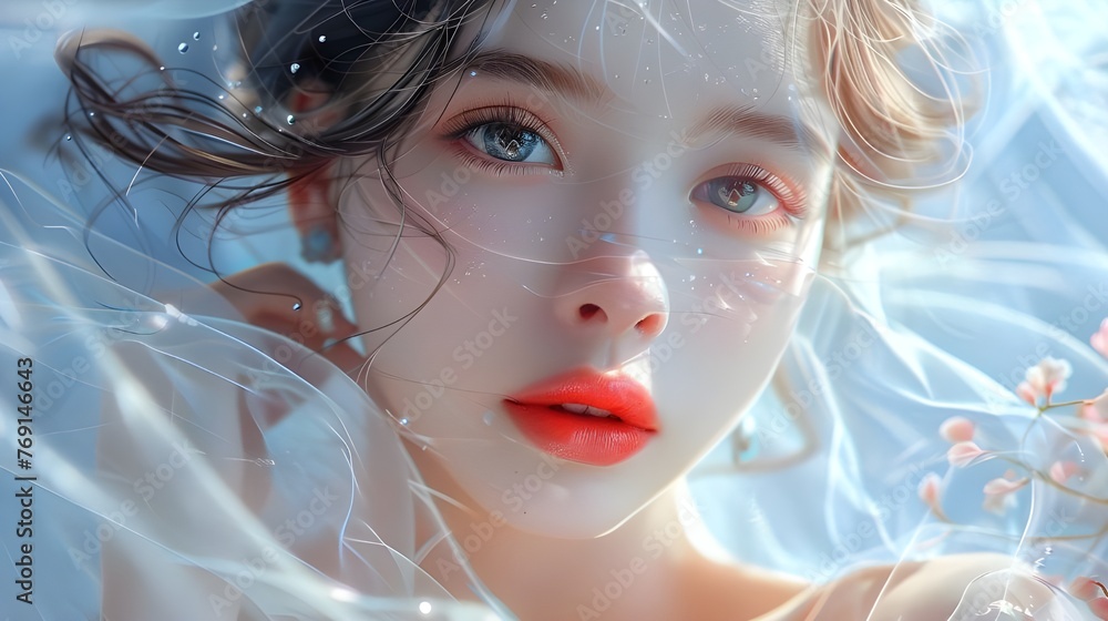 Beautiful perfect white skin girl asian model with her red lips. Fashion, beauty and makeup portraits. Beautiful perfect white skin girl asian model with her red lips. Fashion, beauty and makeup portraits.